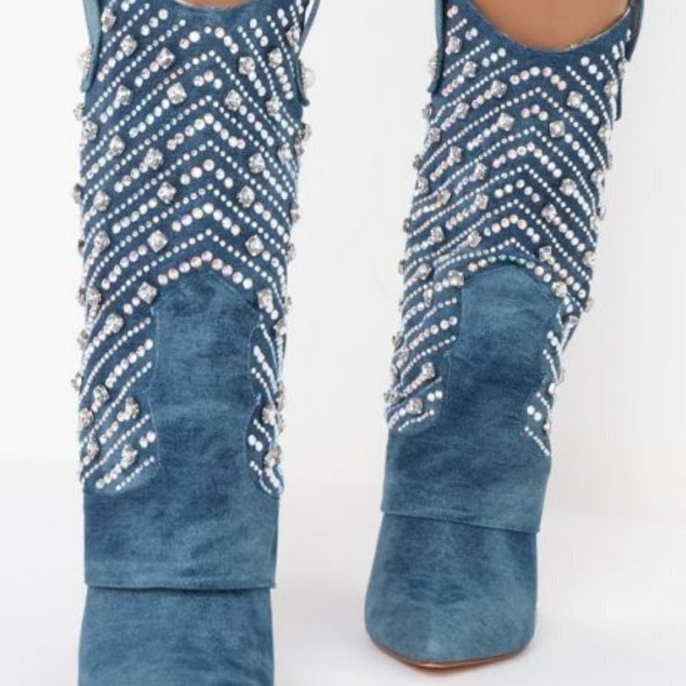 AZALEA WANG PLAYING TO WIN RHINESTONE STUDDED DENIM STILETTO BOOTIE ( BRAND NEW - Picture 4 of 13